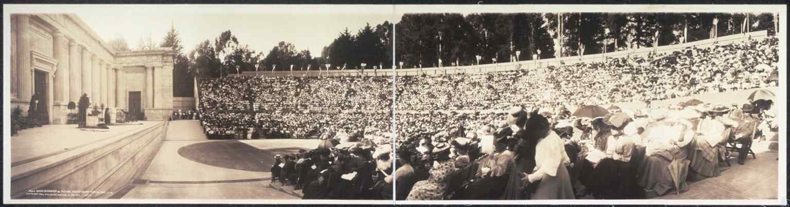Sarah Bernhardt performing at the Greek Theatre in 1906 highlights the venue’s early role as a stage for internationally famous artists.