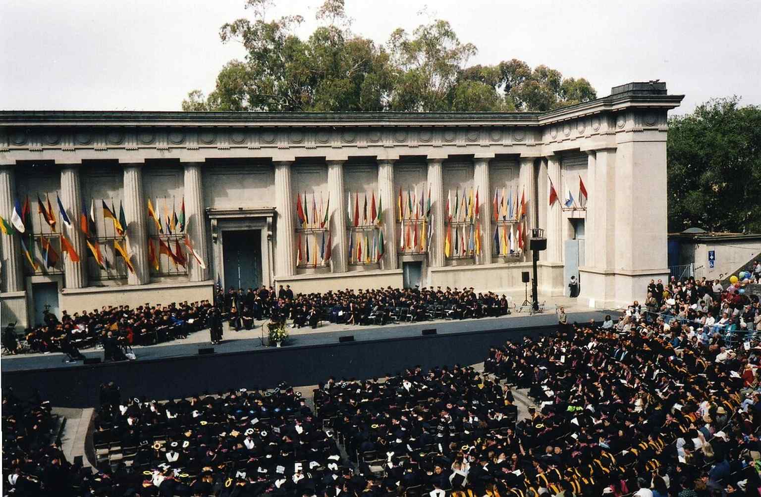 A graduation ceremony at the Greek Theatre, one of the long-running UC Berkeley traditions hosted in this open-air bowl.
