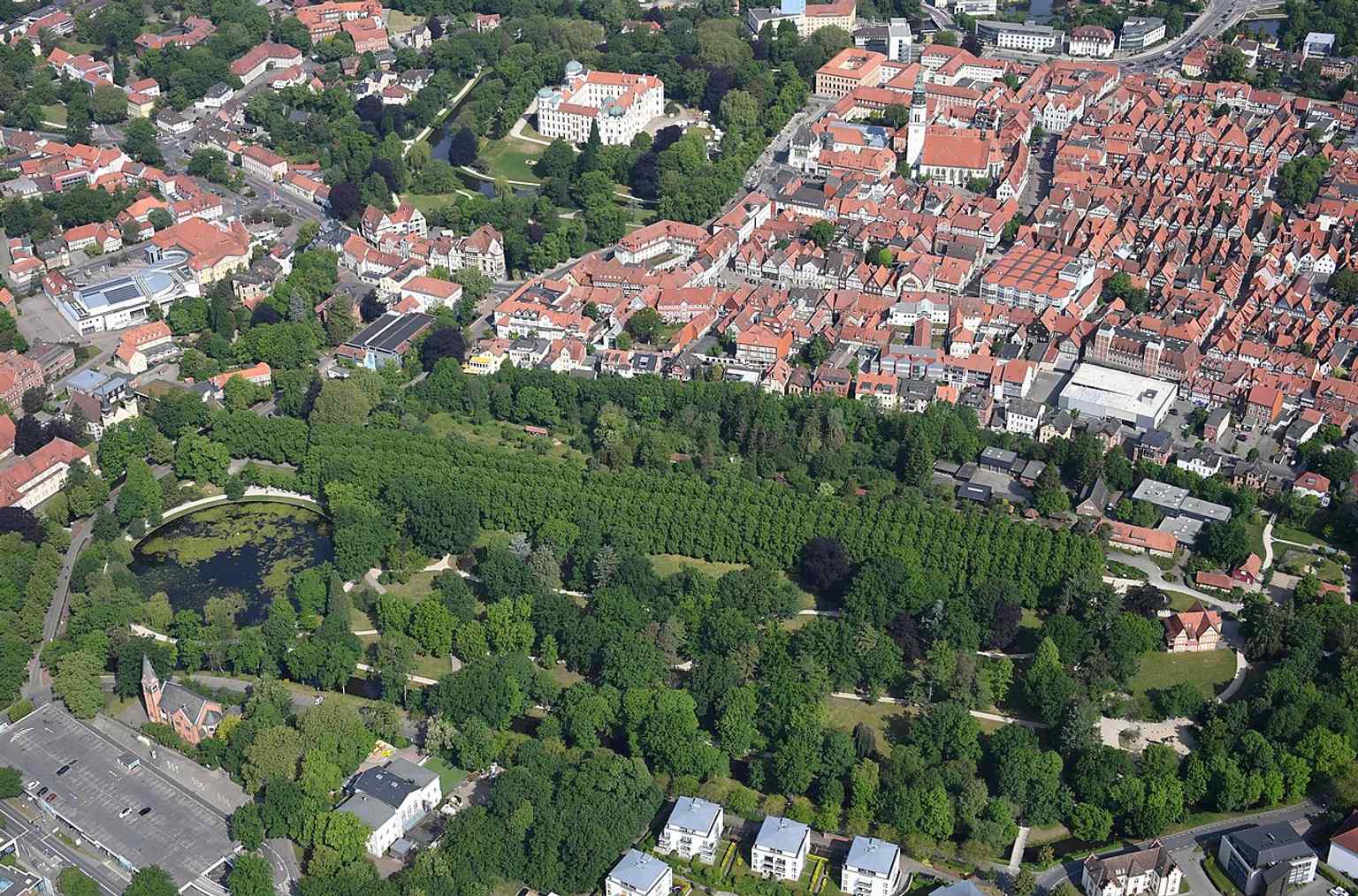 An aerial view of the French Garden in Celle, which is listed as a monument and protected under the Lower Saxony Monument Protection Act.