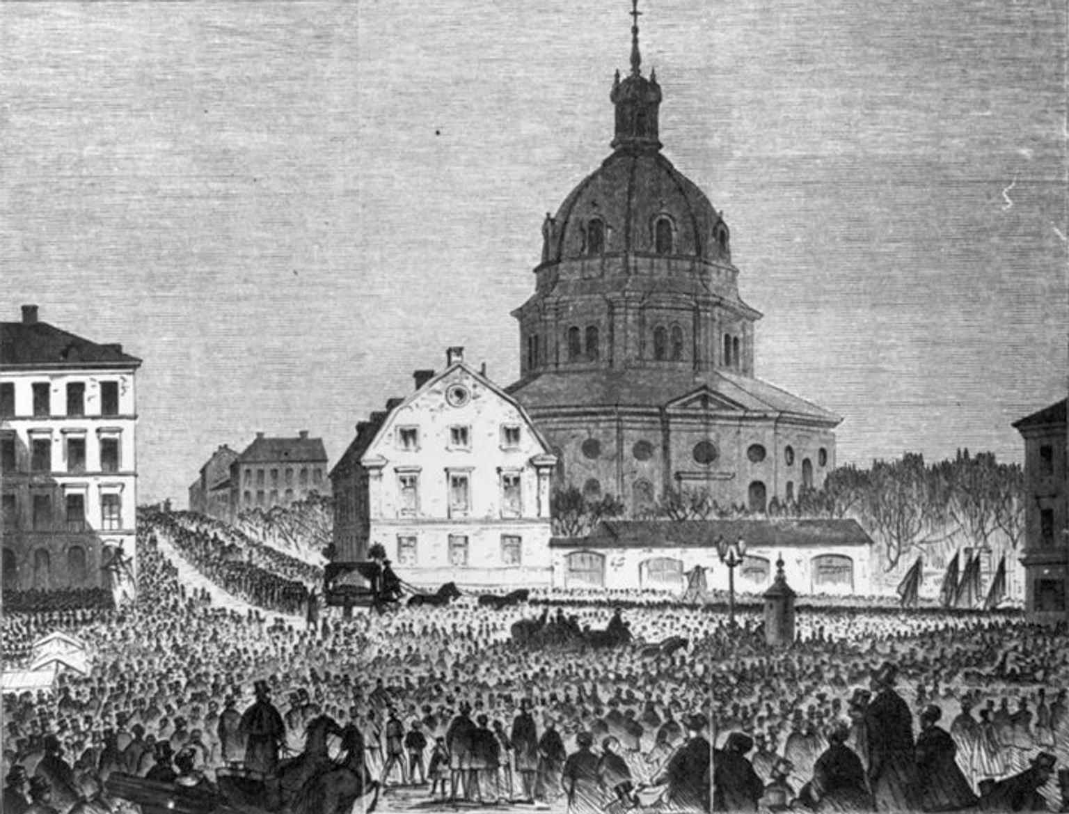 An 1868 illustration of August Blanche’s funeral near the church, linking Hedvig Eleonora Church to Stockholm’s civic history.