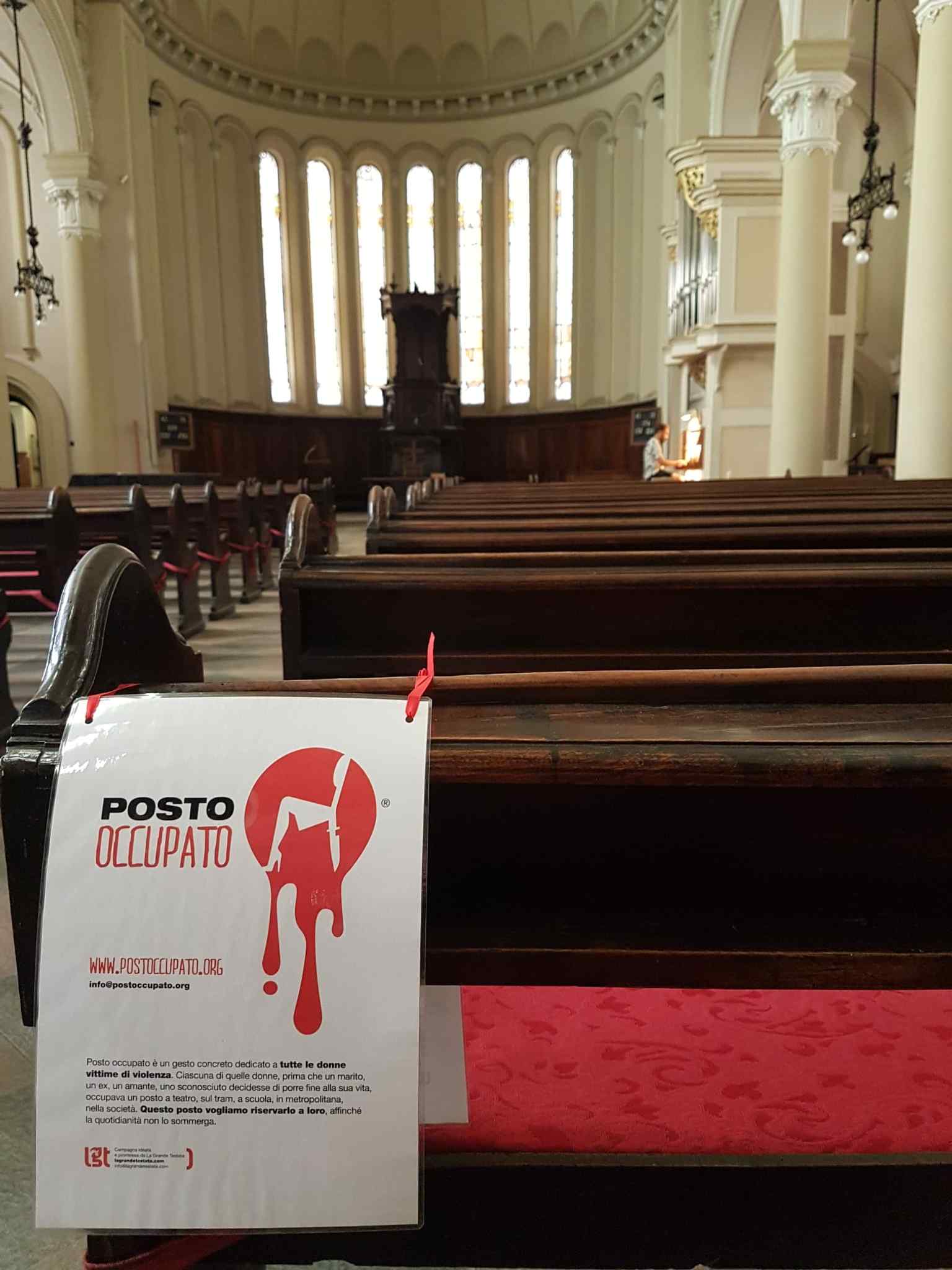 Inside the Waldensian Temple of Turin, a 'Posto Occupato' (Occupied Seat) is dedicated to raising awareness against violence against women (2024).