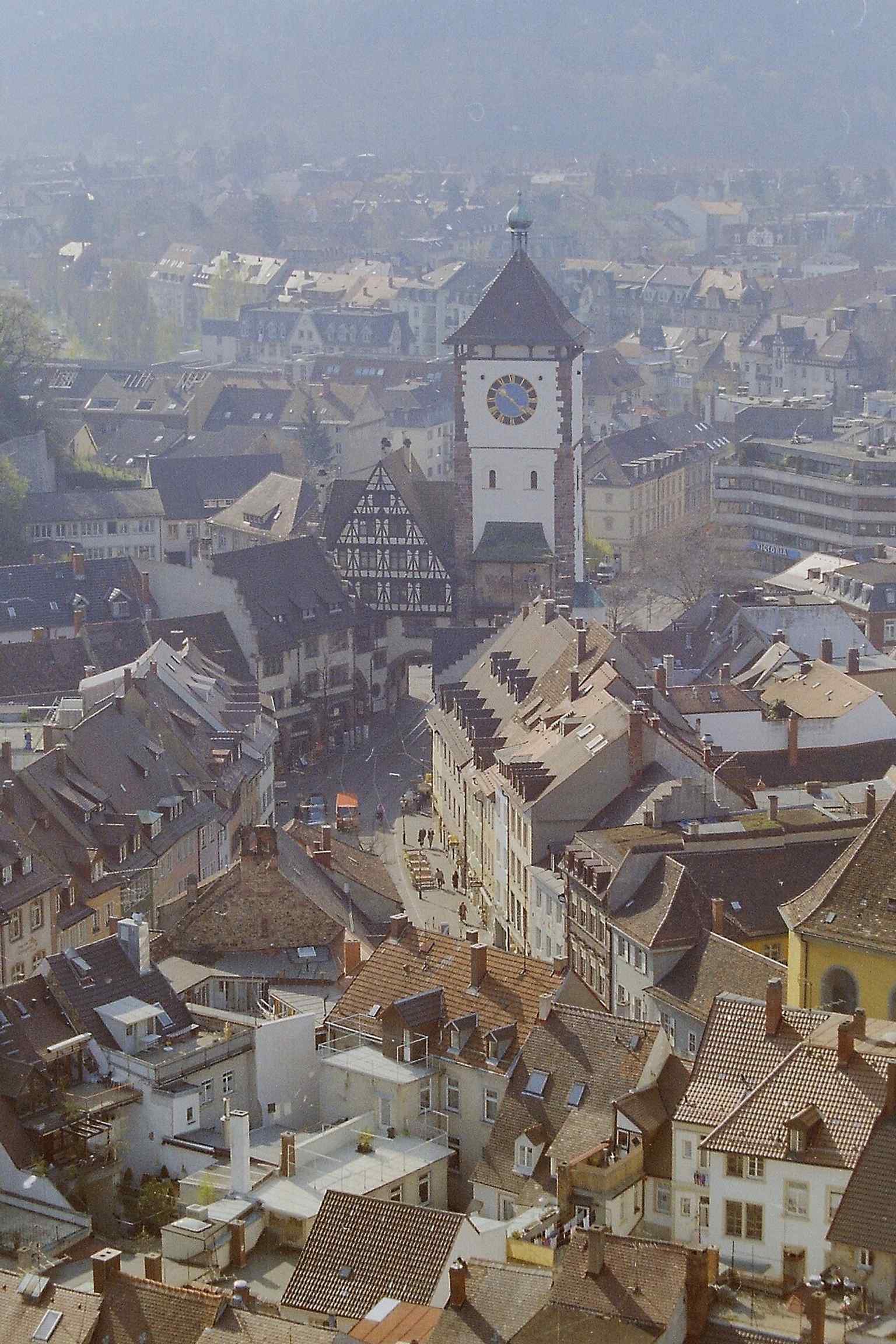 A high viewpoint from the cathedral tower toward the Schwabentor and old town — a great way to place the gate in Freiburg’s medieval cityscape.