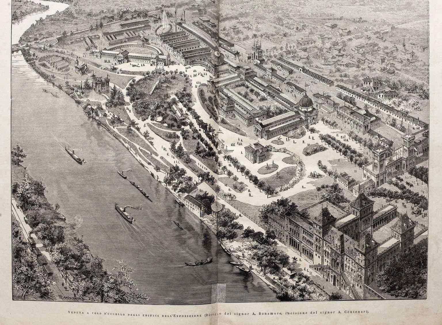 Torino veduta a volo d’uccello degli edifici dell’Esposizione Nazionale