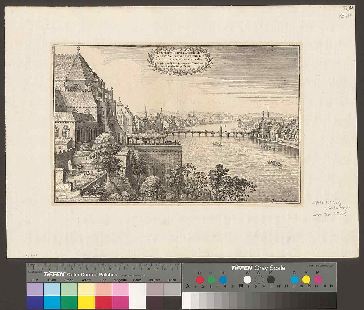 A 1642 southern prospect showing the Minster, the Pfalz terrace, and the old Rhine bridge — a rare early city view from the riverside.