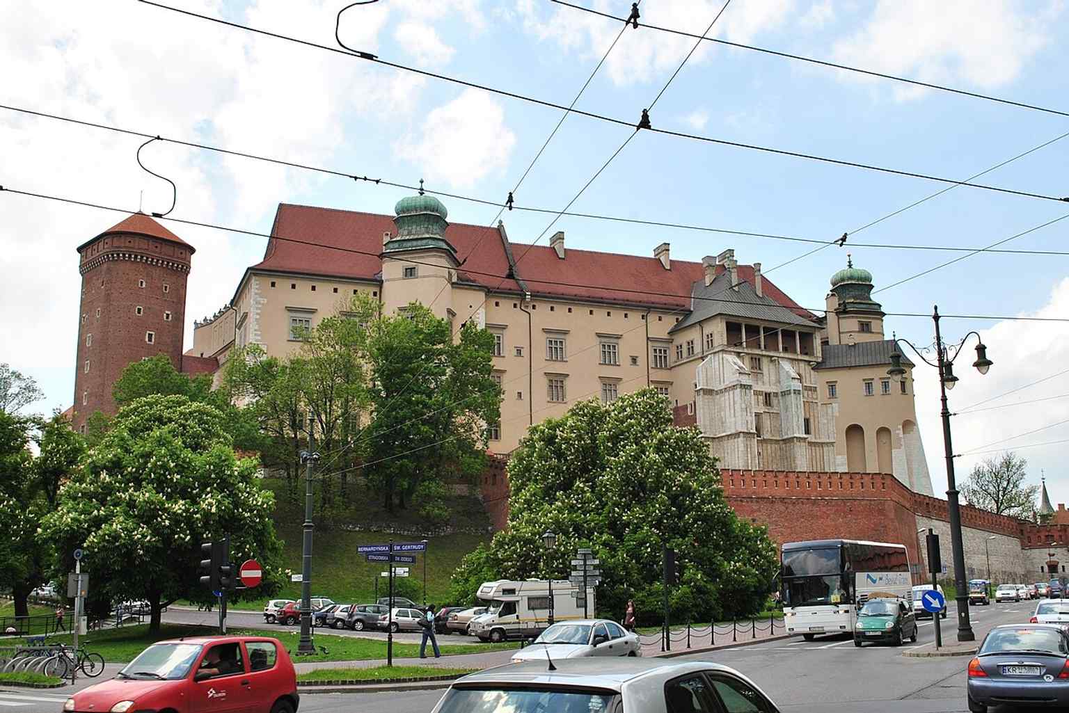 The castle seen from the east, where the medieval and Renaissance layers of Wawel’s long rebuilding history are especially visible.