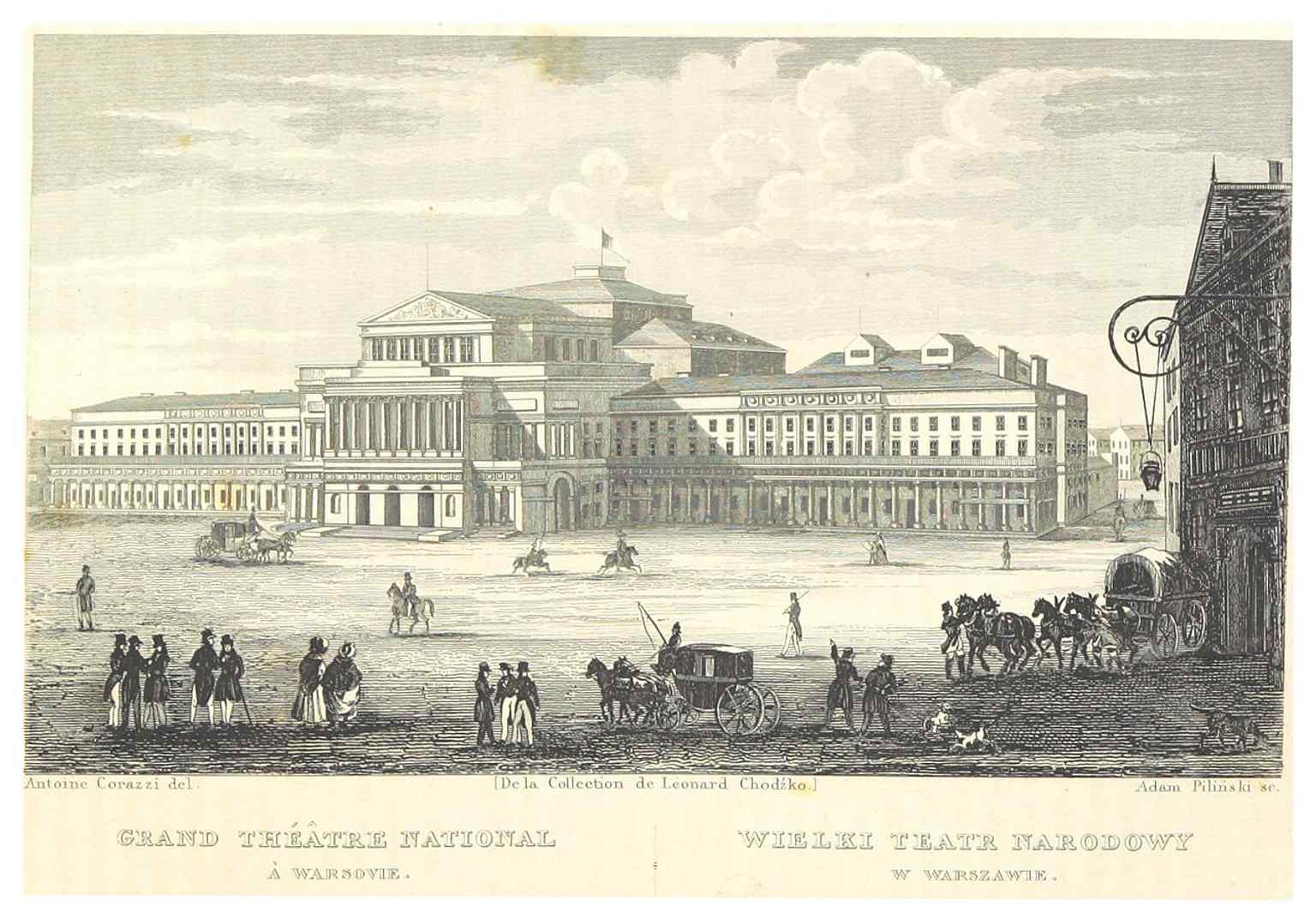 An 1839 print showing the Grand Theatre soon after its opening, when Corazzi’s neoclassical design was still the city’s new landmark.