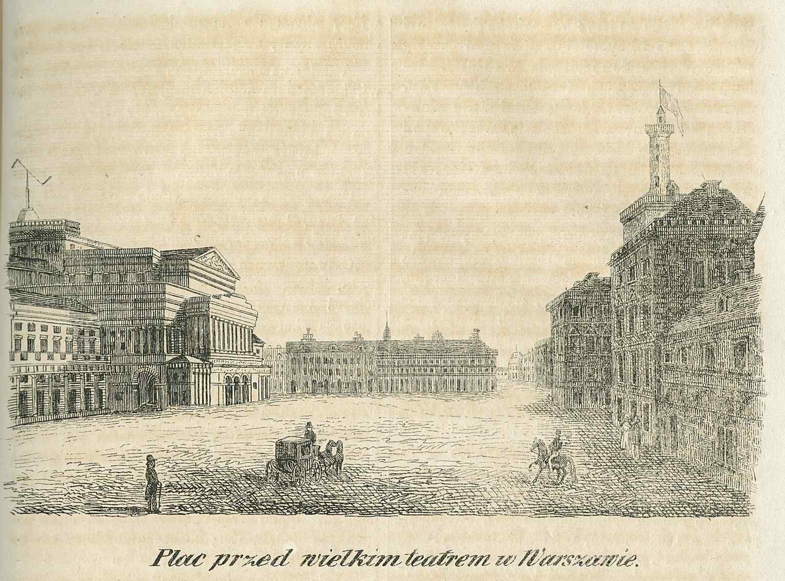 The theatre square in 1846, capturing the building in its early urban setting before later changes to the frontage and gardens.