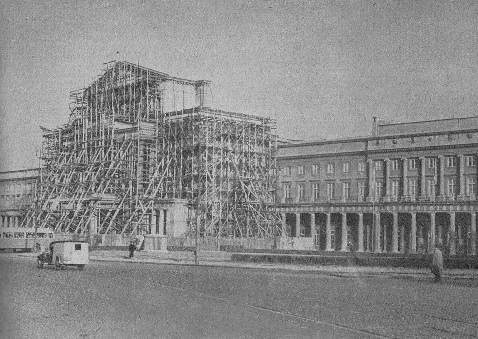 Reconstruction in 1949, showing the postwar rebuilding that began after the wartime destruction of the theatre.
