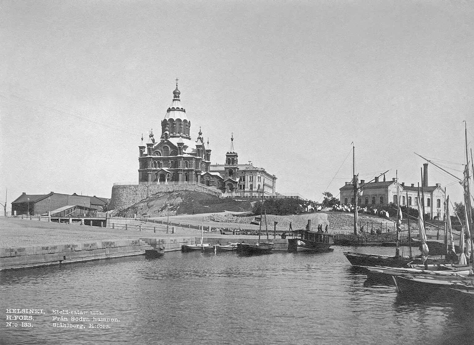 A rare 1890s black-and-white view of Uspensky Cathedral from South Harbour, showing how long it has dominated the Helsinki skyline.