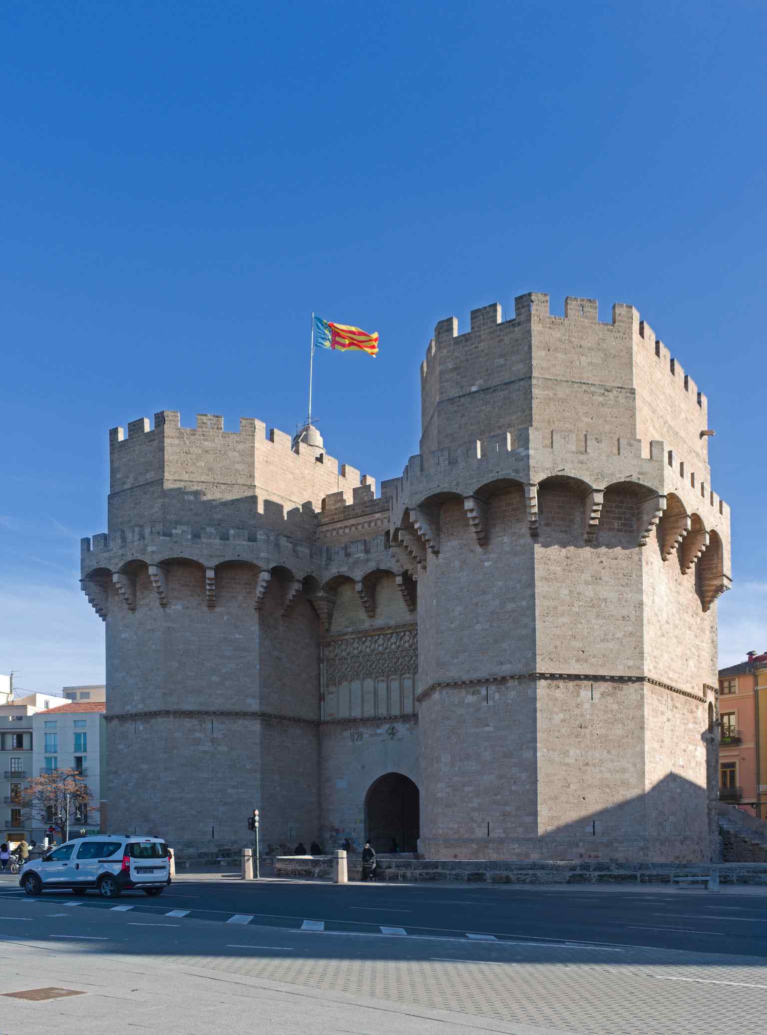 A spectacular view of the massive Torres de Serranos from the north, showcasing its medieval grandeur (2022).