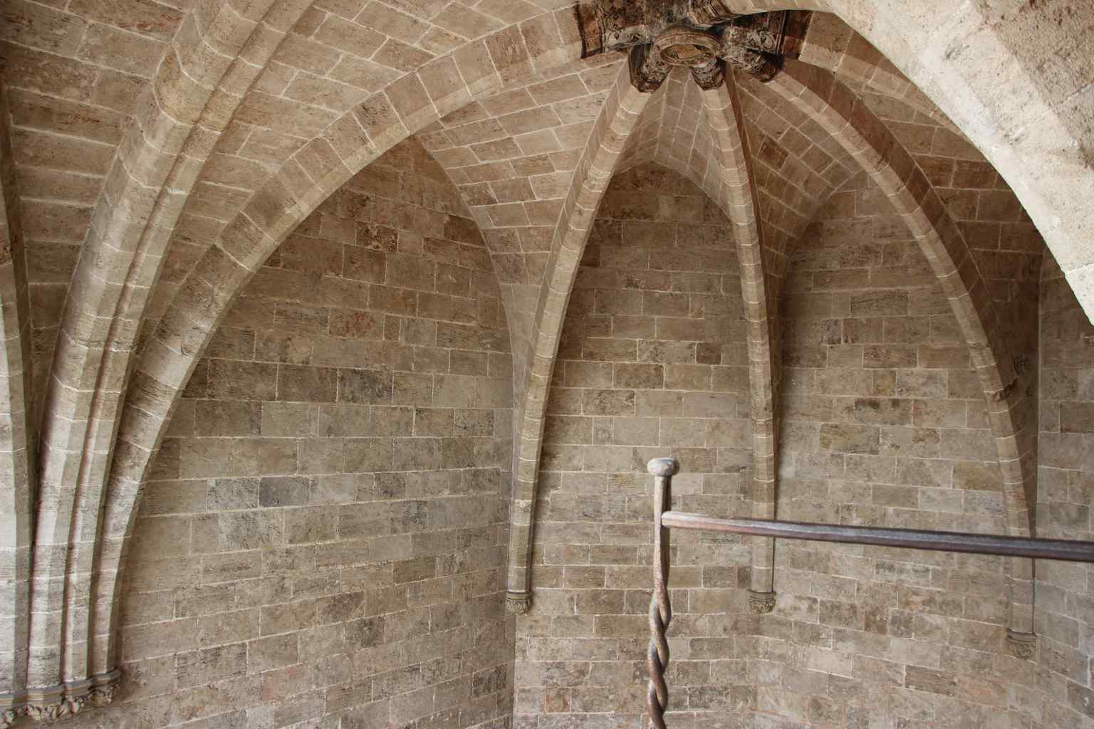 The interior vaulted ceilings of the towers, where priceless art was protected by a massive concrete shell during the Spanish Civil War (2022).