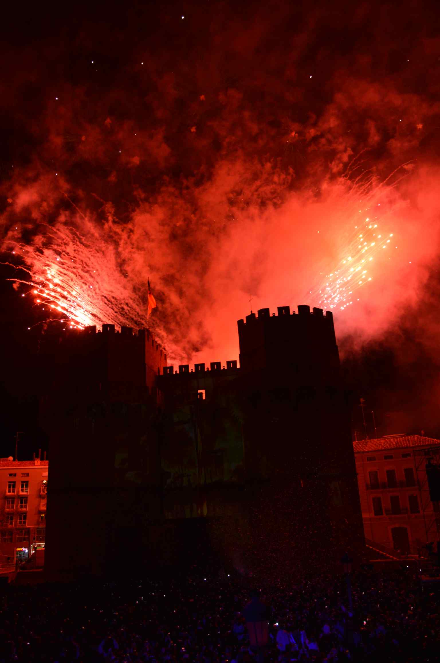 The vibrant atmosphere during the Crida, the official opening of the Fallas festival, held right at the gates of the towers (2023).