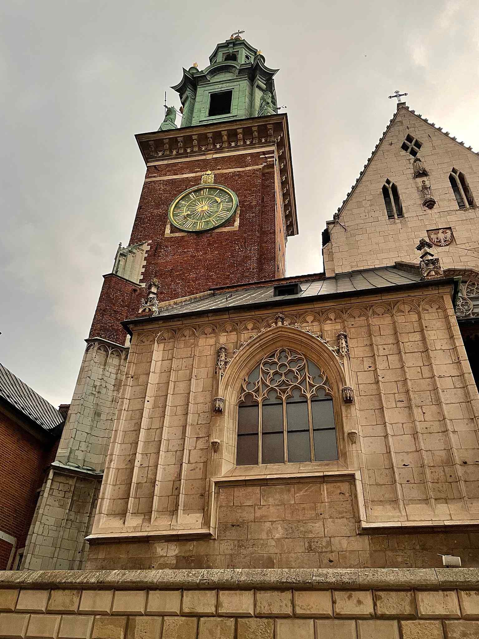 A close view of the bell tower, one of the cathedral’s defining verticals and home to the great Sigismund Bell.