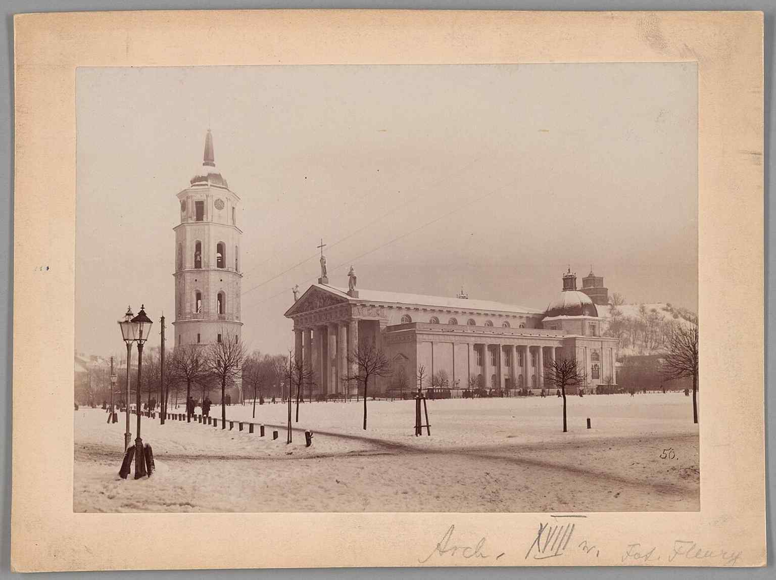 A late-19th-century view of the cathedral and square — useful for showing how the landmark looked before modern changes to Vilnius.