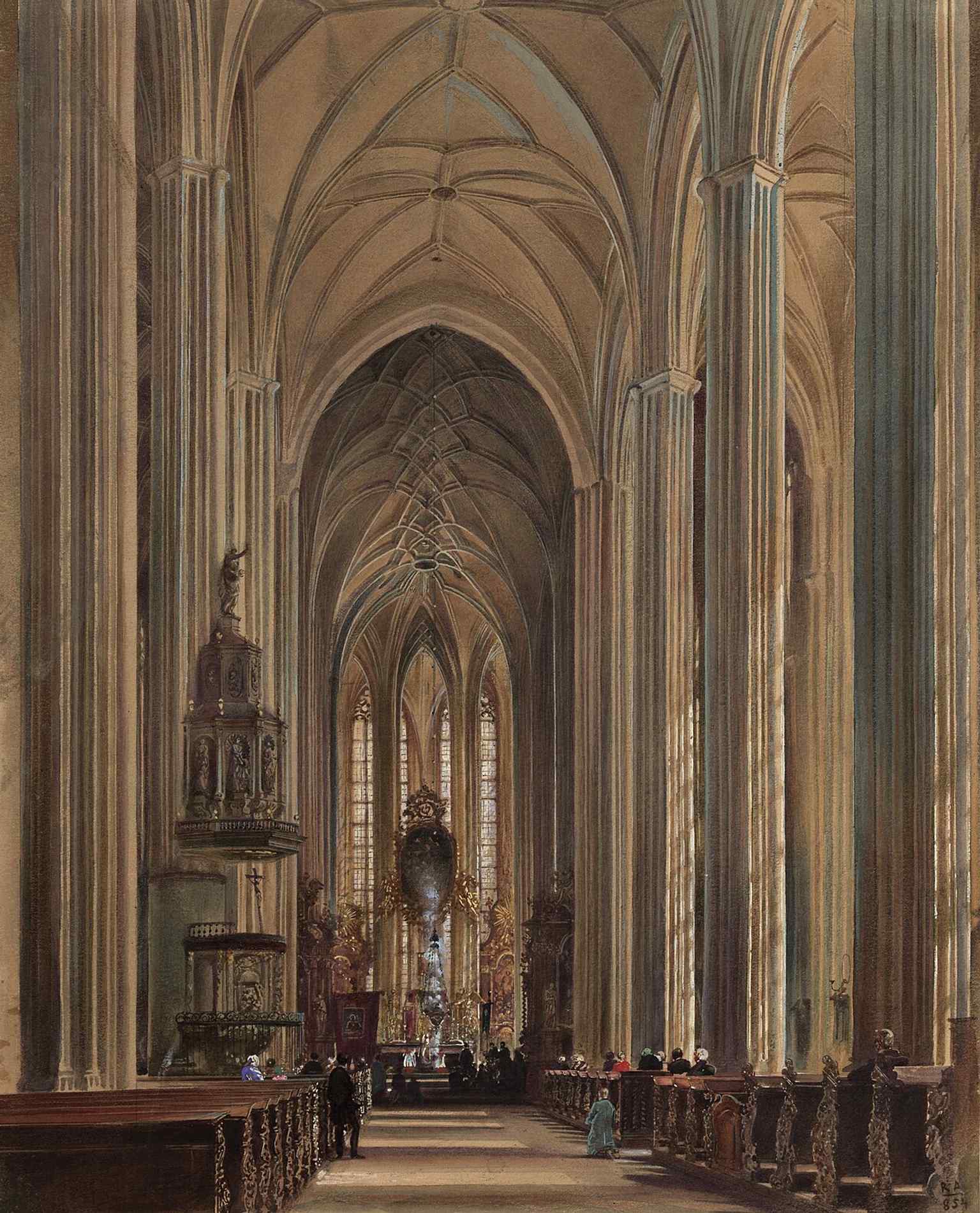 A 19th-century museum view of the church interior, valuable as a historical comparison with the present restored space.