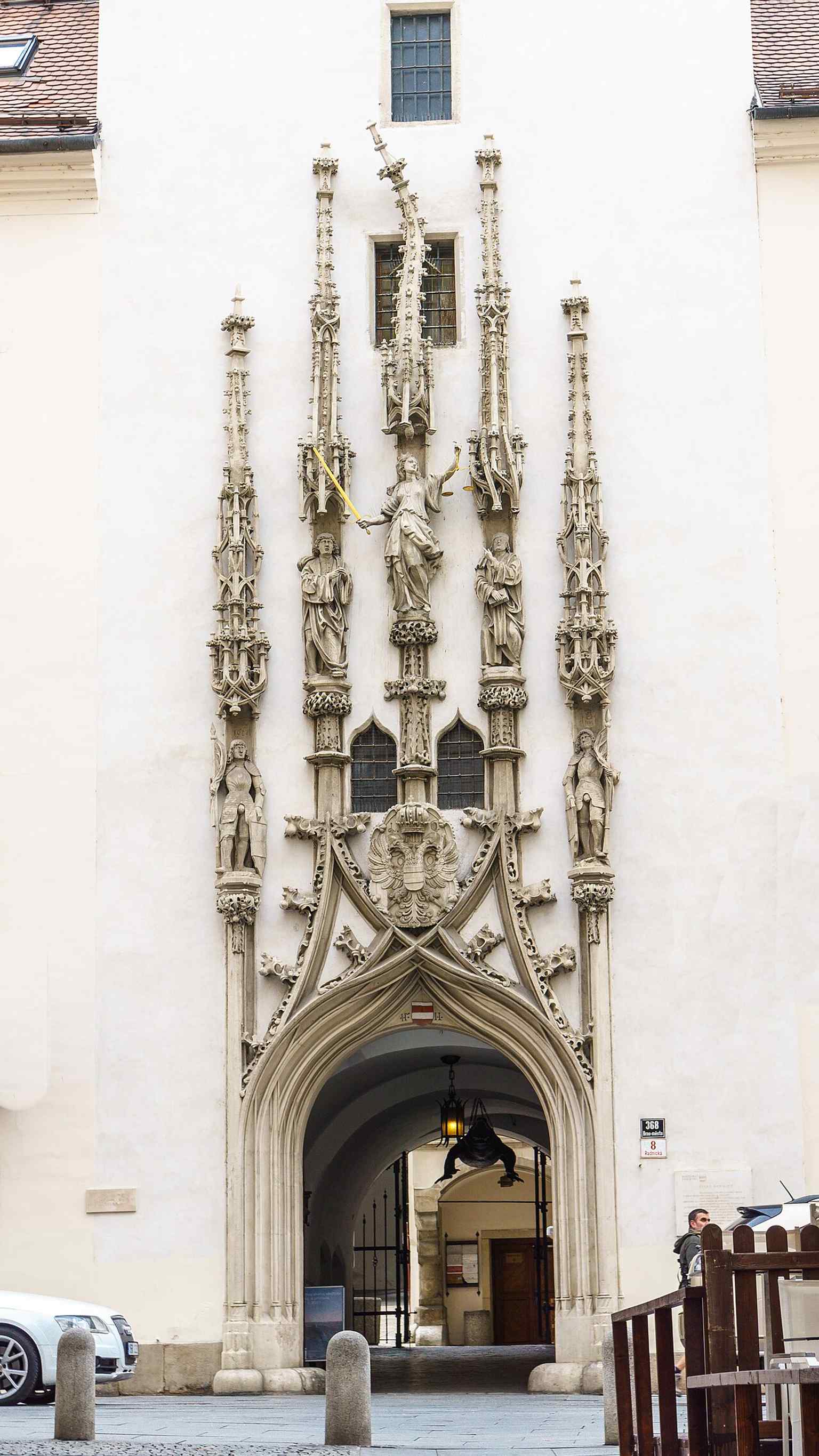 Anton Pilgram’s Gothic portal, including the famously twisted pinnacle linked to one of Brno’s best-known legends.