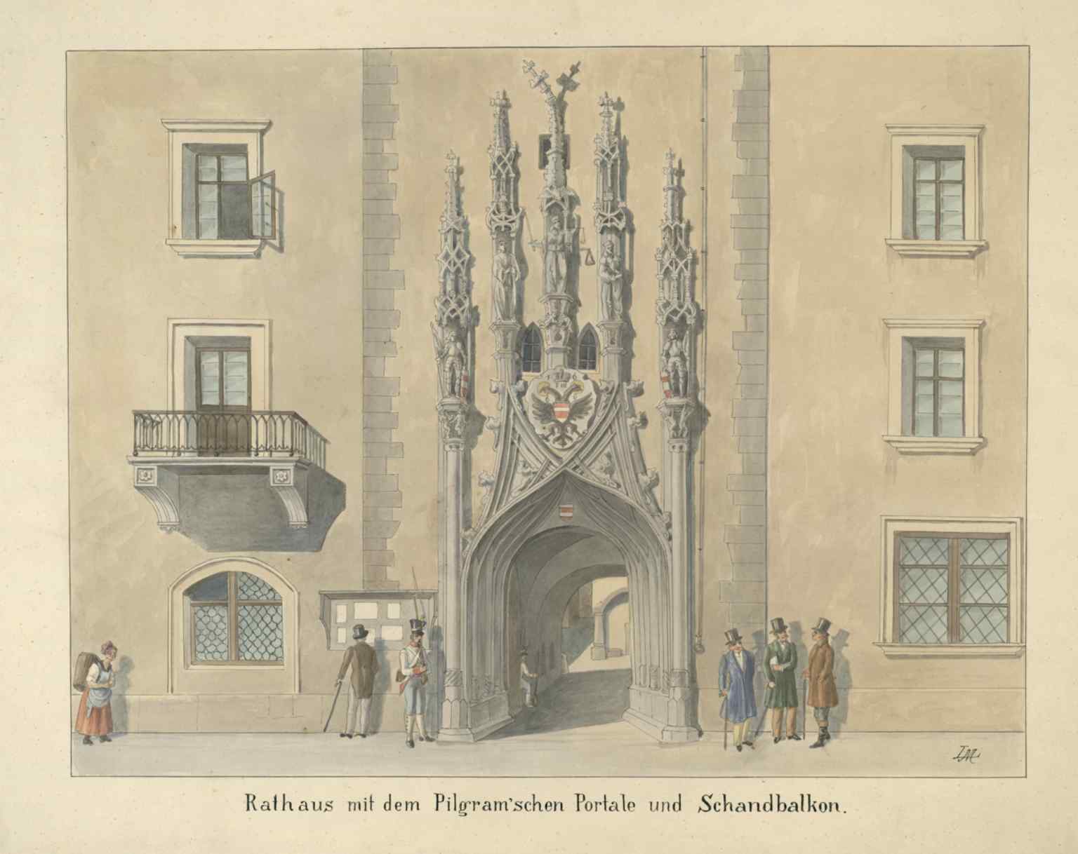 A colored drawing of the portal from around 1900, preserving the legendary twisted pinnacle in an older cityscape.