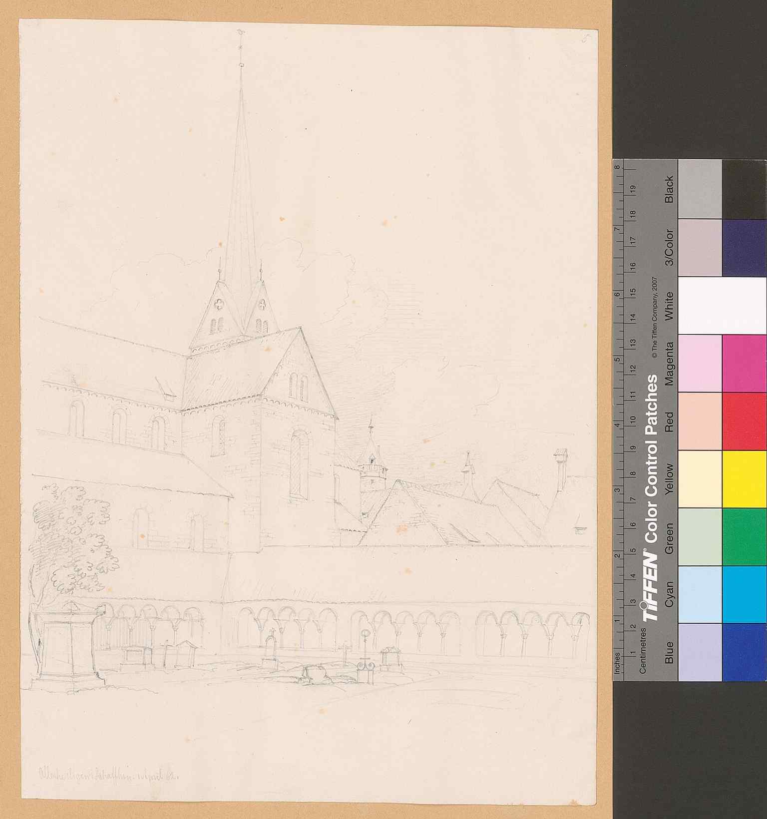 A 19th-century view of the church and cloister, showing the medieval complex before modern restoration campaigns.