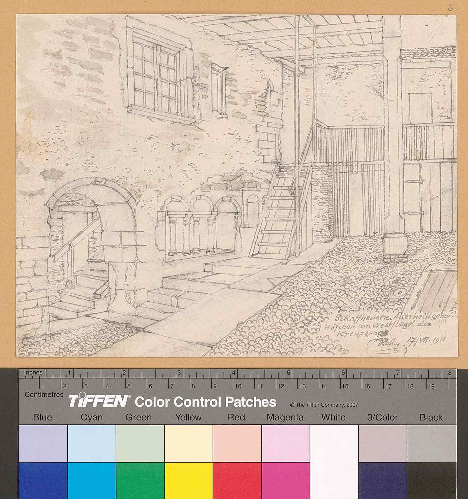 A 1911 view of the small courtyard on the west wing of the cloister, part of the old monastic circulation spaces.