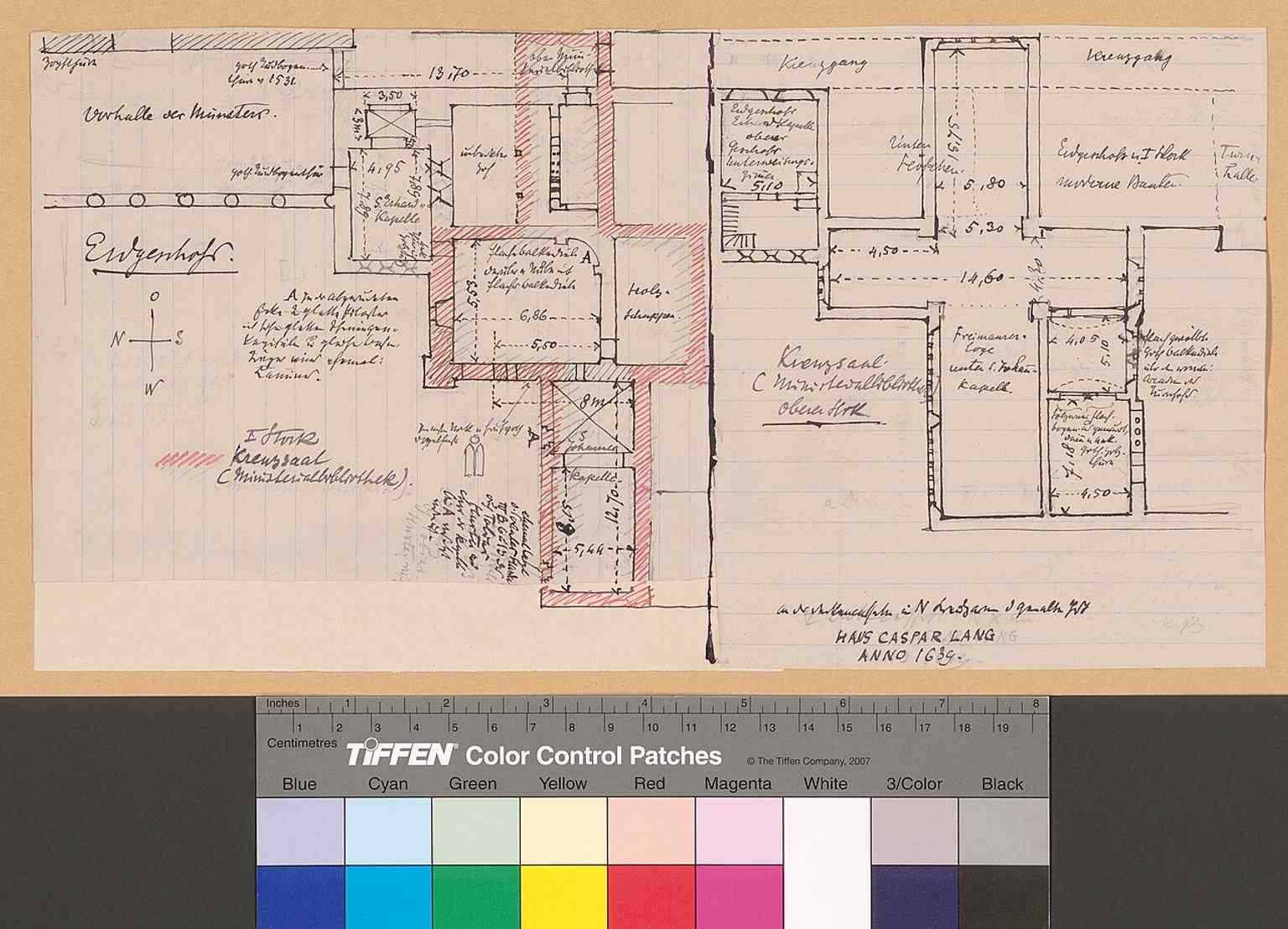 A floor plan of the monastery’s ground and upper levels, useful for understanding the cloister, hall, and library layout.