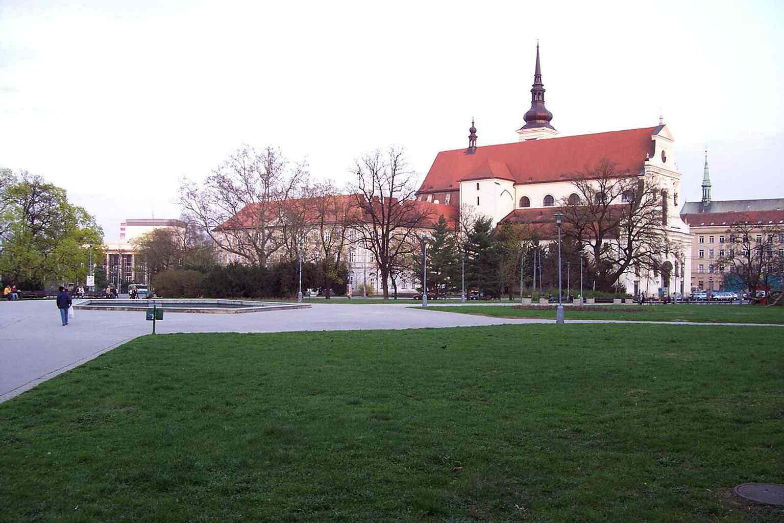 A classic view across Moravian Square, placing St. Thomas’s Church in the heart of Brno’s civic center.