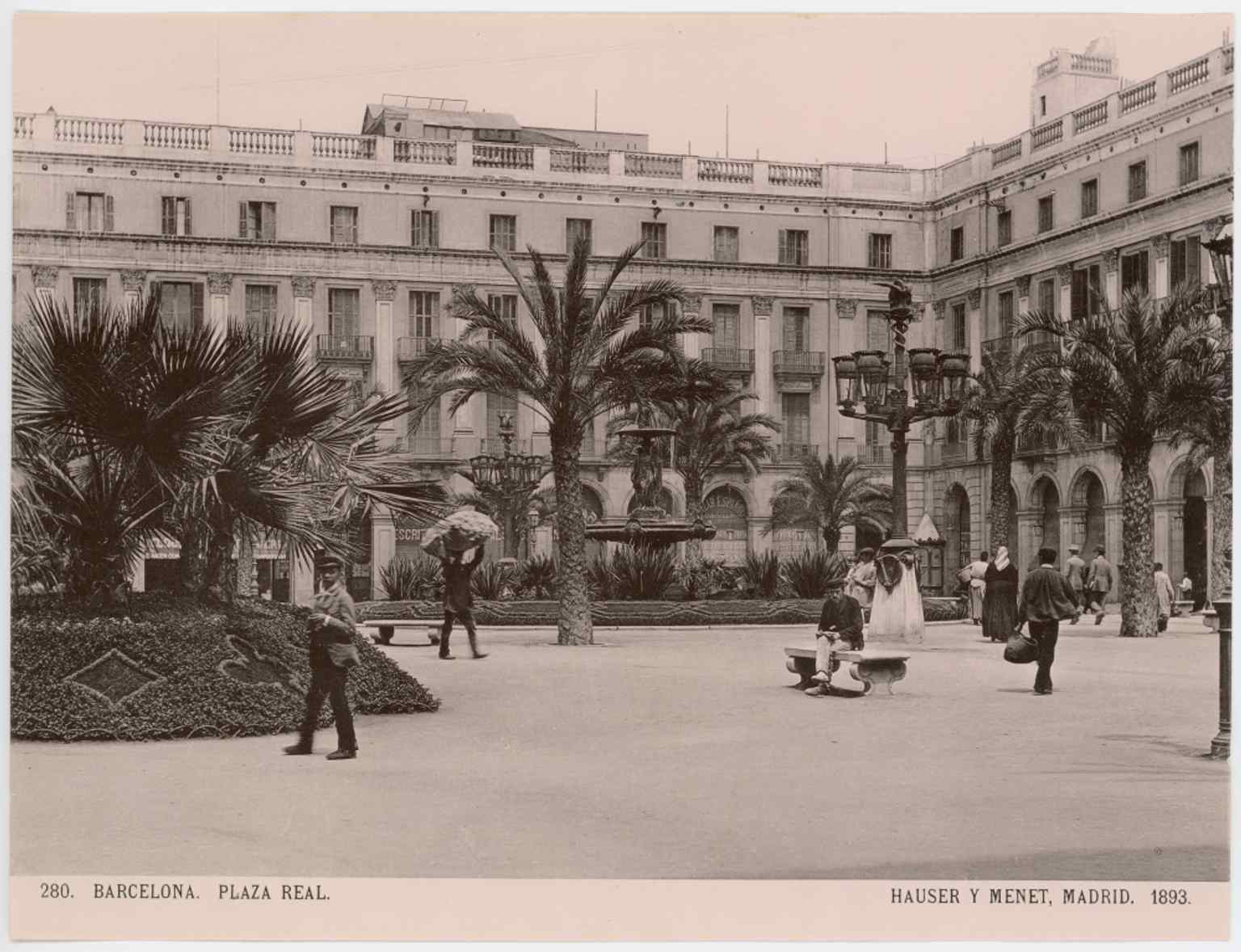 A view of Plaça Reial from 1893, capturing the square decades after its construction and around the time of the late 19th-century political unrest, including an anarchist bombing in 1892.