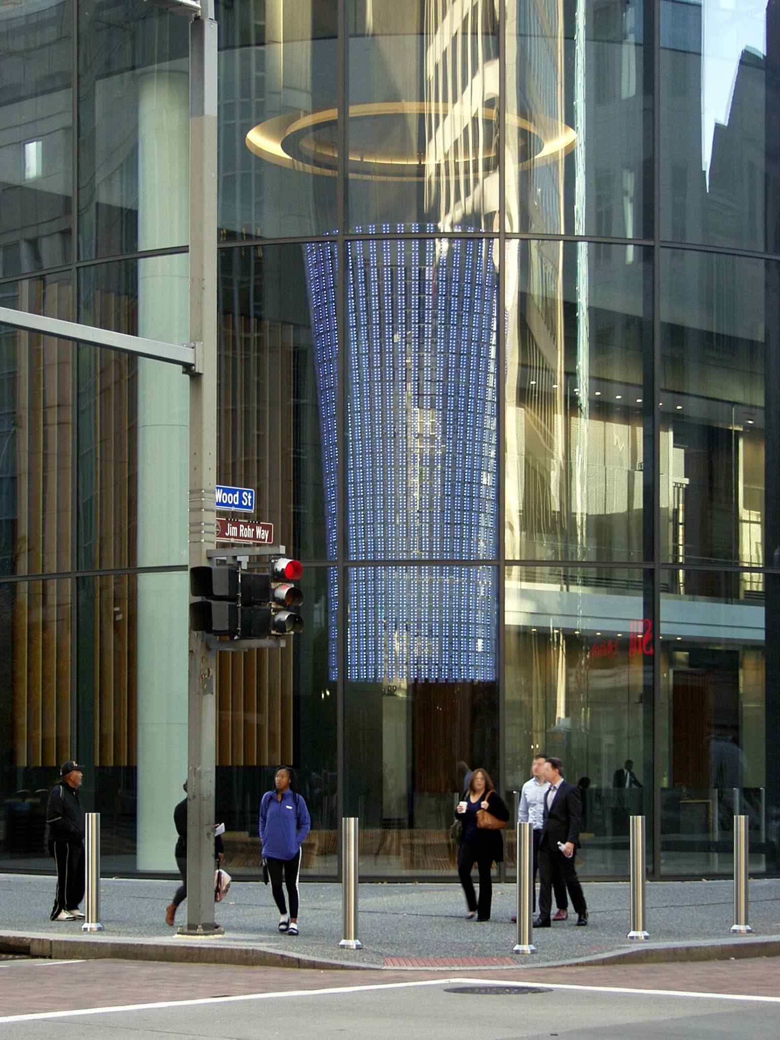 Step inside the Tower at PNC Plaza's lobby and experience The Beacon, a 30-foot sculptural installation visualizing the building's real-time energy performance.