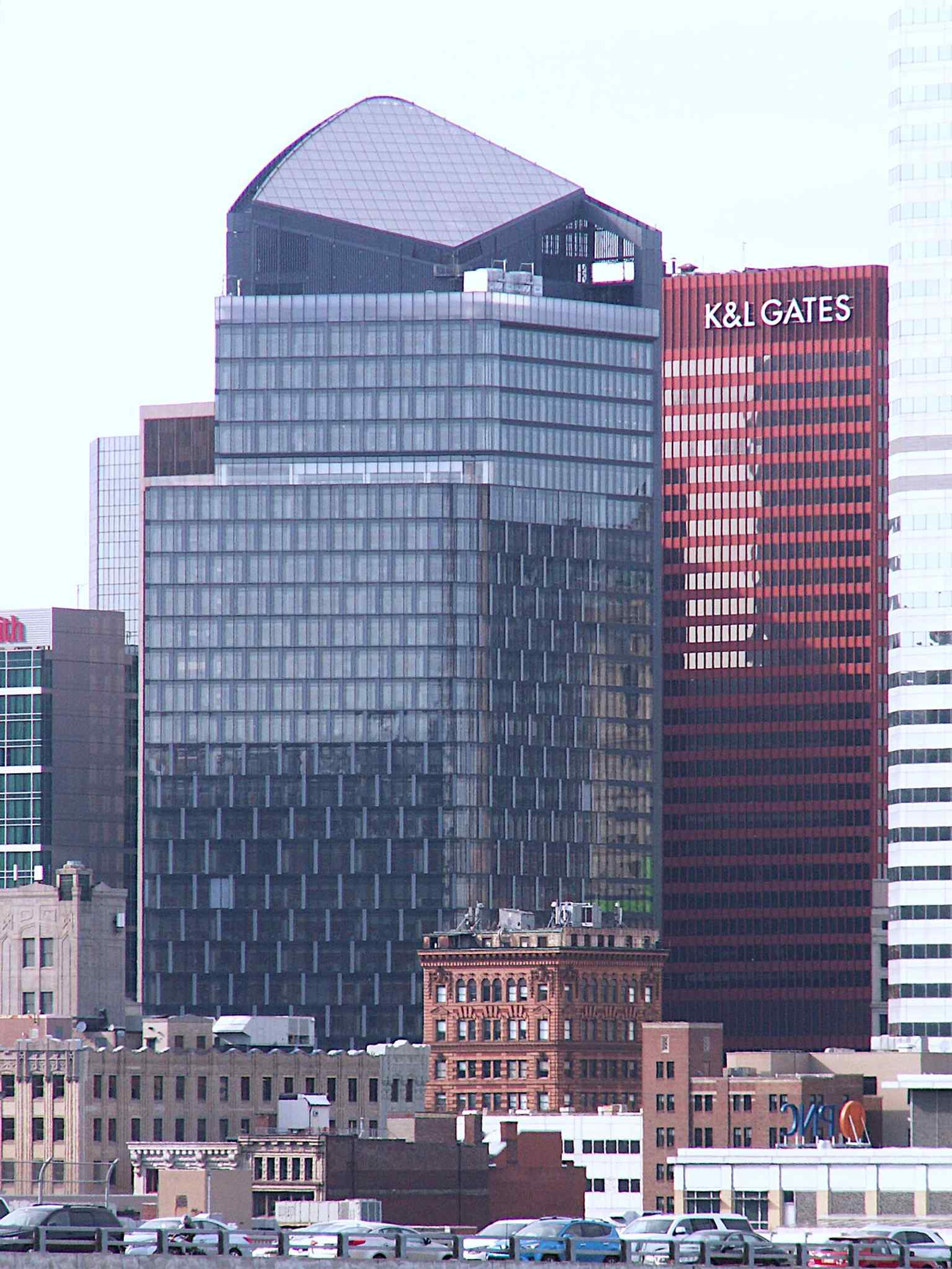 This view highlights the sloped roof of the Tower at PNC Plaza, which acts as a solar collector for its innovative solar chimney system.