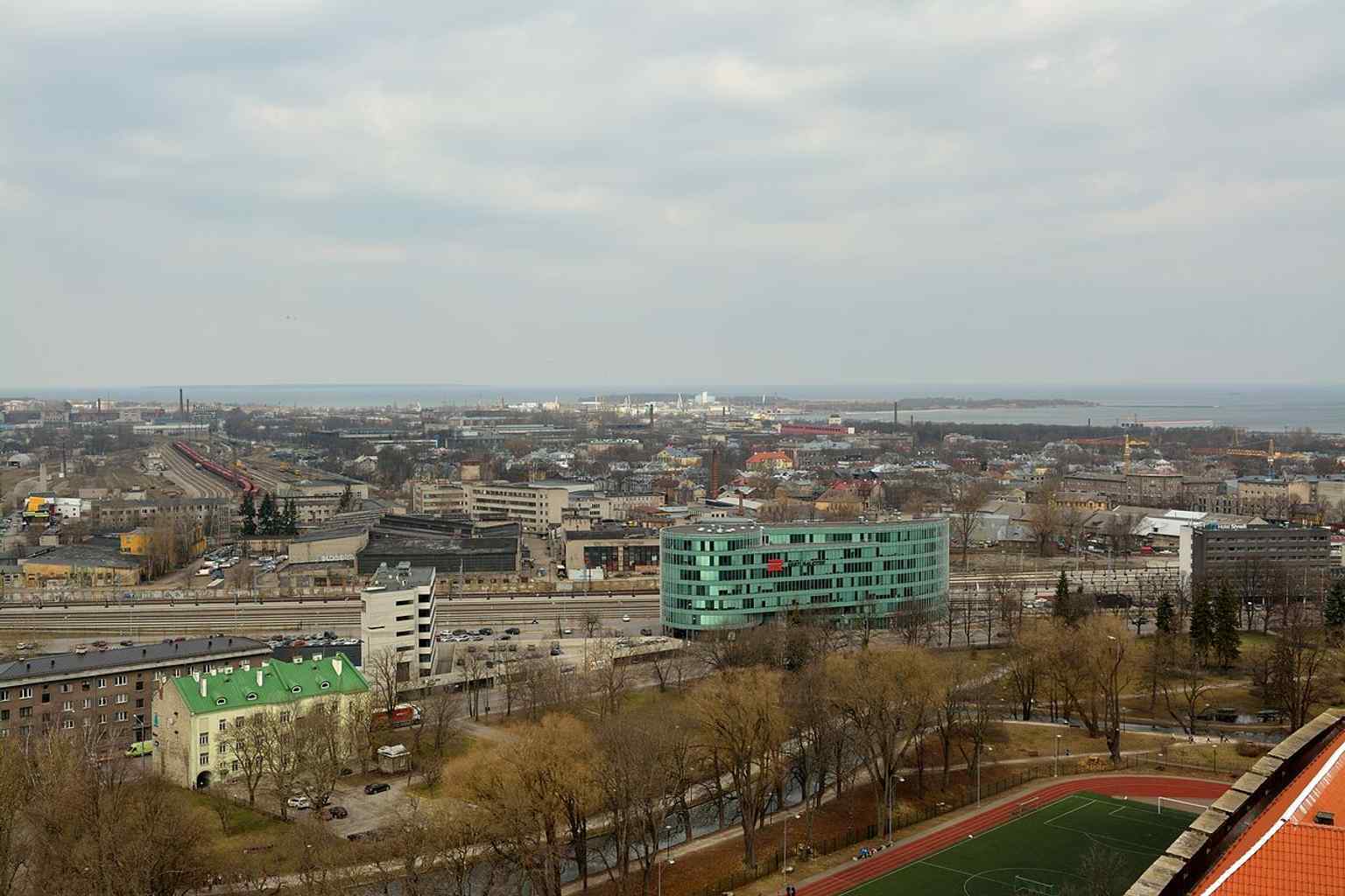 View from Pikk Hermann over Tallinn’s old and new districts, connecting the tower to its original role as a lookout over Toompea Hill.