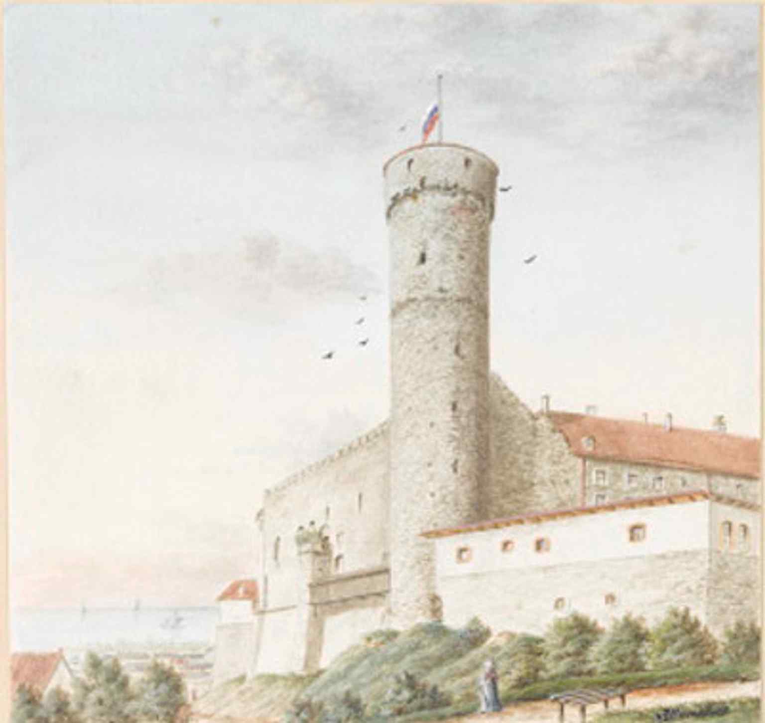 An early artistic view of Pikk Hermann, the tower that later became the permanent home of Estonia’s national flag.