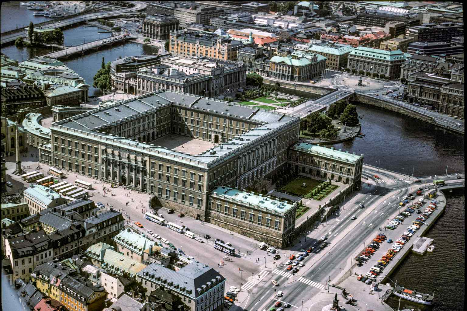 An aerial perspective of Stockholm Palace, highlighting its immense scale and how its four rows enclose the Inner Courtyard, centrally located in Gamla stan.