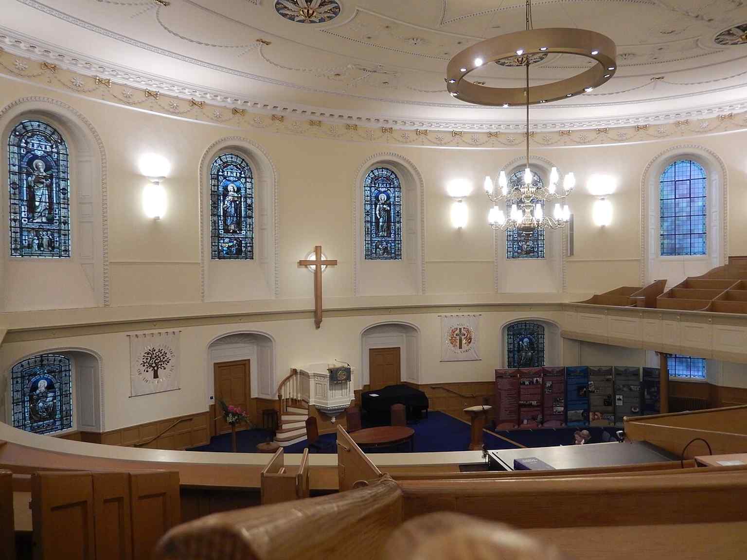 The gallery view inside St Andrew’s shows the unusual elliptical sanctuary that was the first of its kind in Britain.