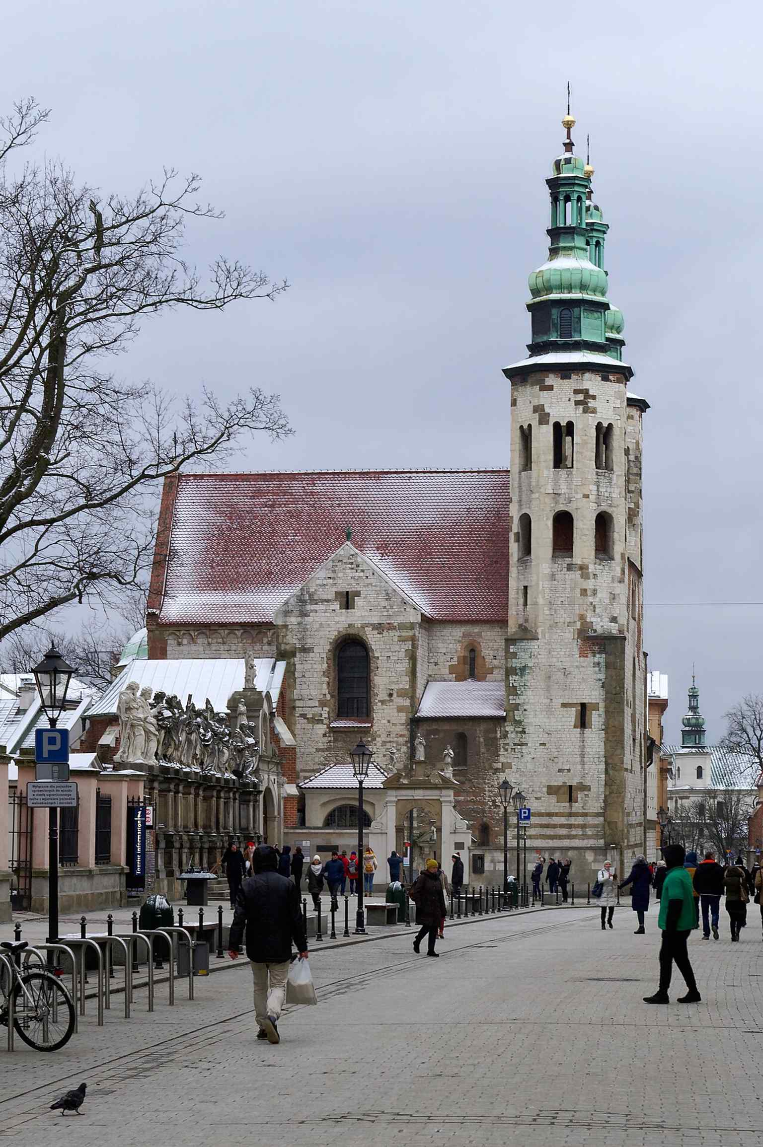 A modern front view of St. Andrew’s Church, useful for showing its twin towers and the contrast between Romanesque body and later baroque additions.