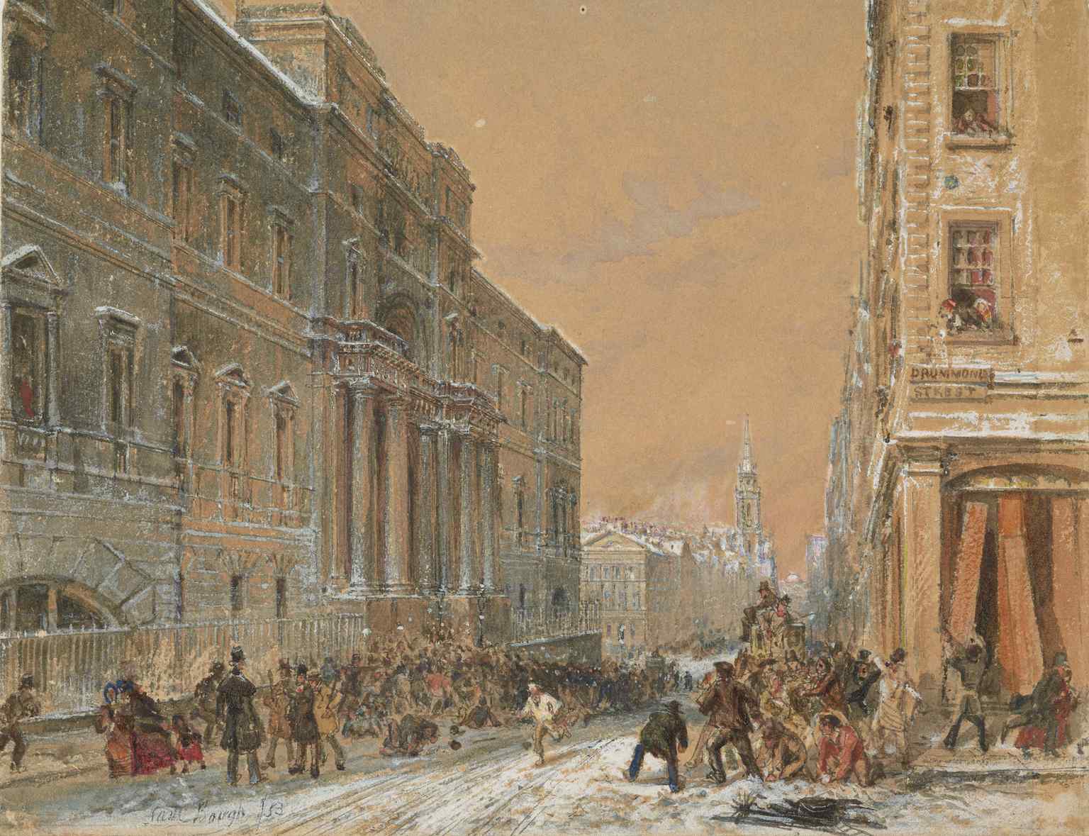 En historisk akvarellmålning från 1853 av Samuel Bough som visar ett livligt snöbollskrig utanför universitetsområdet.