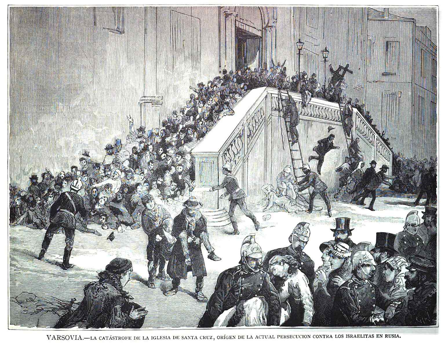 A dramatic 1882 newspaper illustration of the 1881 Christmas stampede, when a tragic panic at Holy Cross sparked a pogrom.