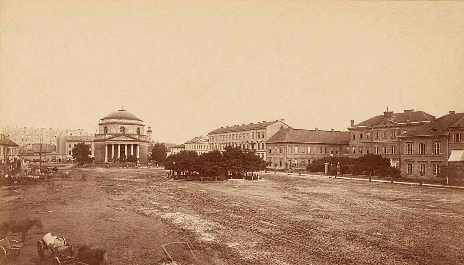 A rare 1870 view of Three Crosses Square before the modern rebuilds, with St. Alexander Church anchoring the scene.