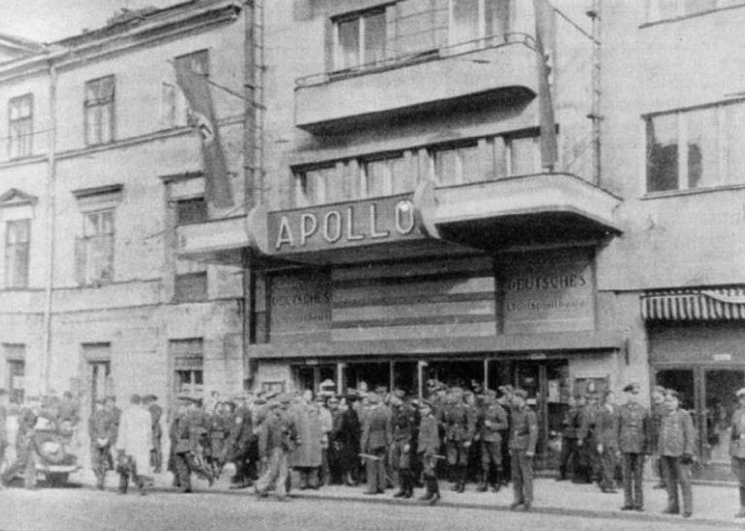 The wartime cinema Apollo, formerly Napoleon, recalls the Nazi-era use of buildings around the square in 1942.