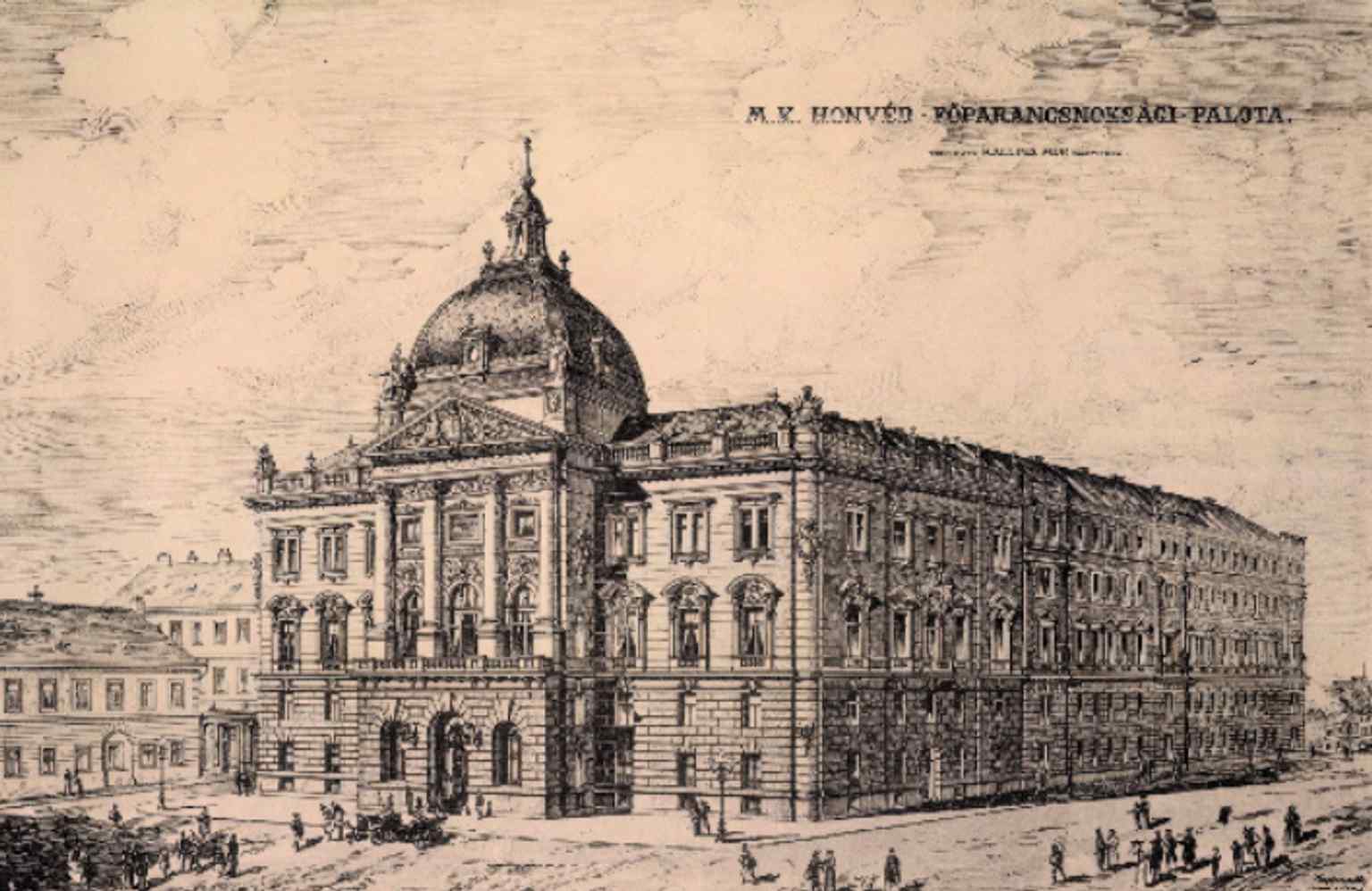 A historical view of the Honvéd High Command building (Dísz tér 17) in its original grandeur, designed by Mór Kallina and completed between 1895-1897, before it suffered severe damage in WWII.