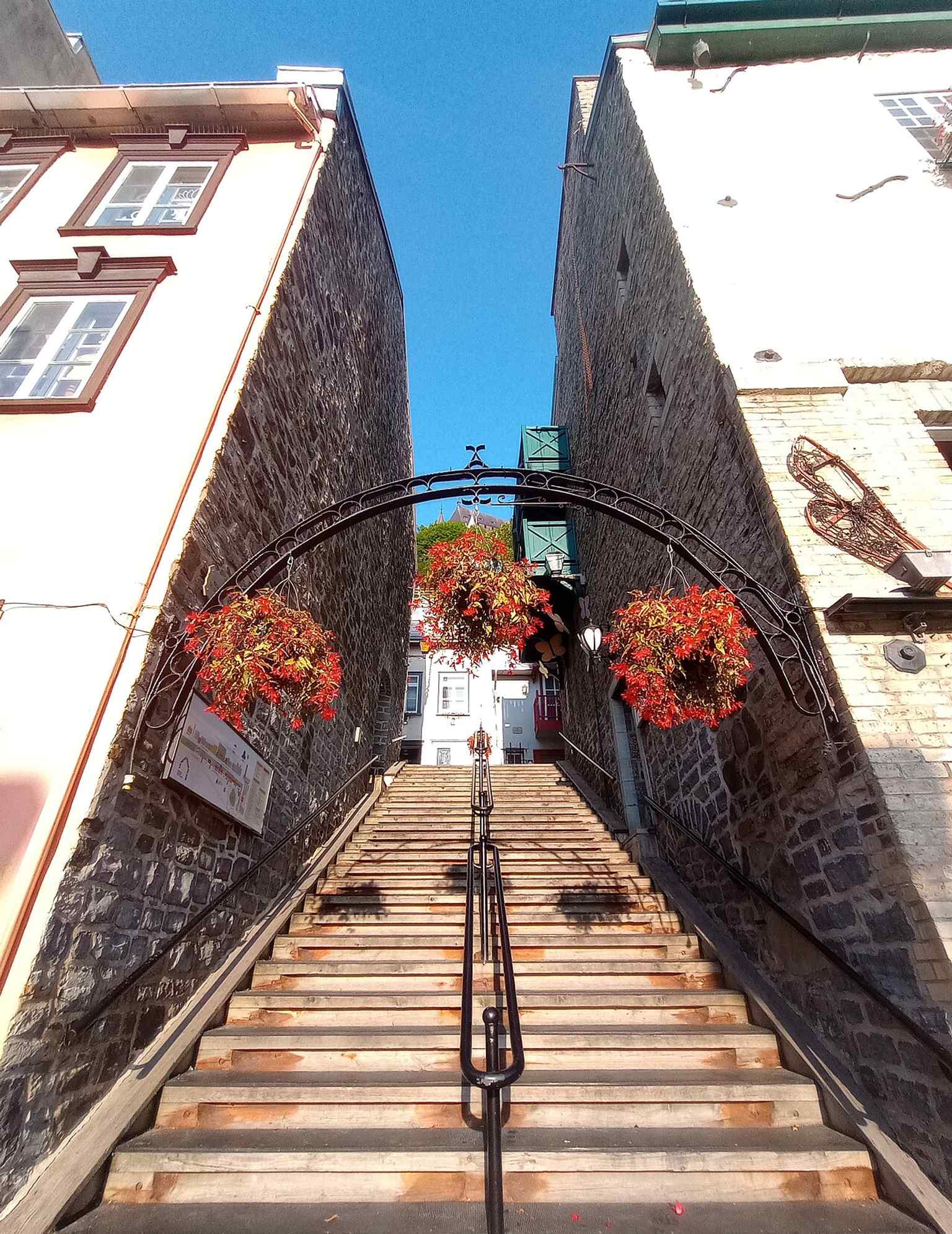 A modern view of Breakneck Stairs in Lower Town, the steep route that became a shortcut between Upper and Lower Québec.