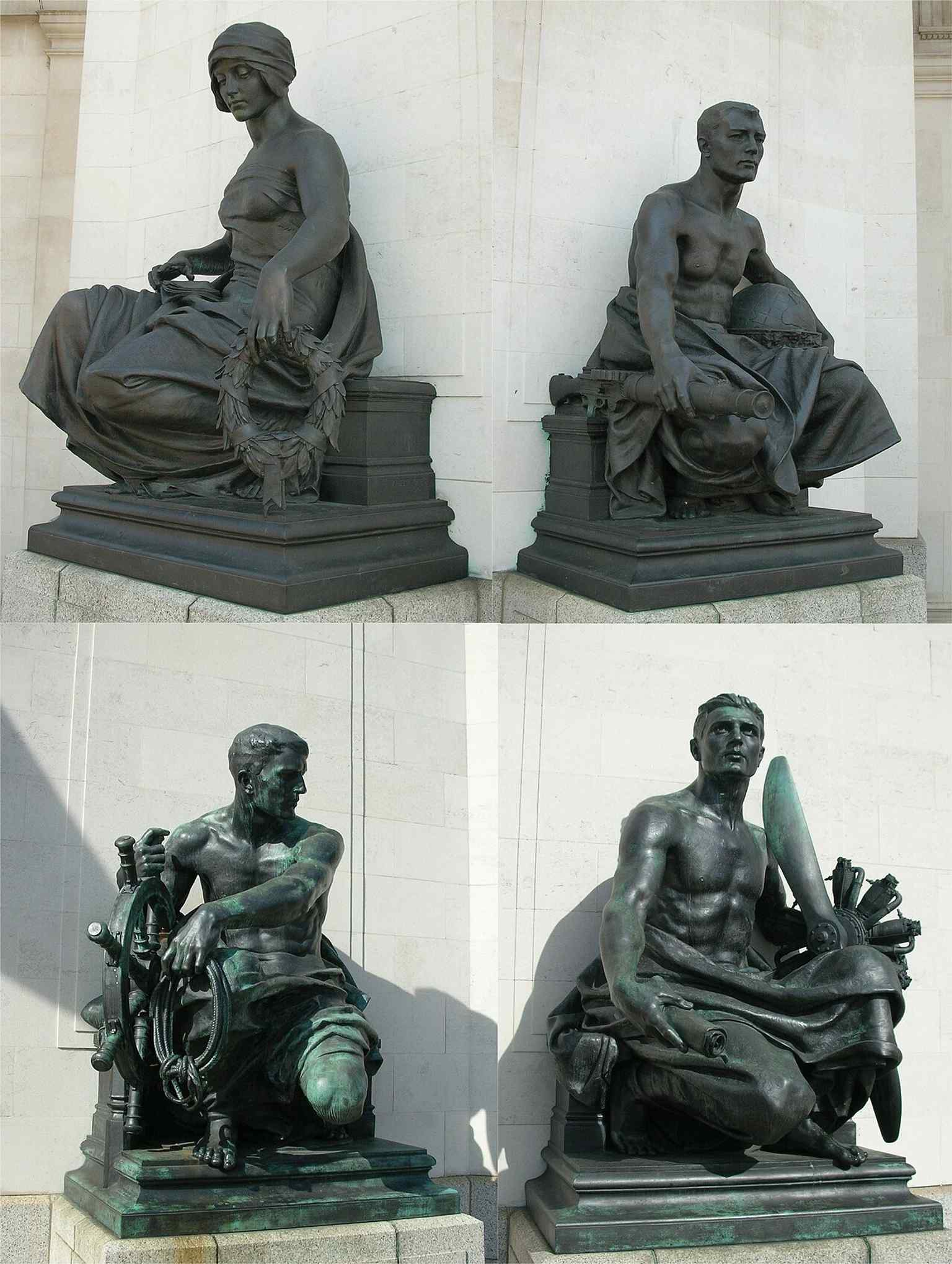 The four Albert Toft statues at the corners of the memorial — Army, Navy, Air Force, and Women’s Services — were added as part of the Hall’s 1920s tribute to Birmingham’s wartime dead.
