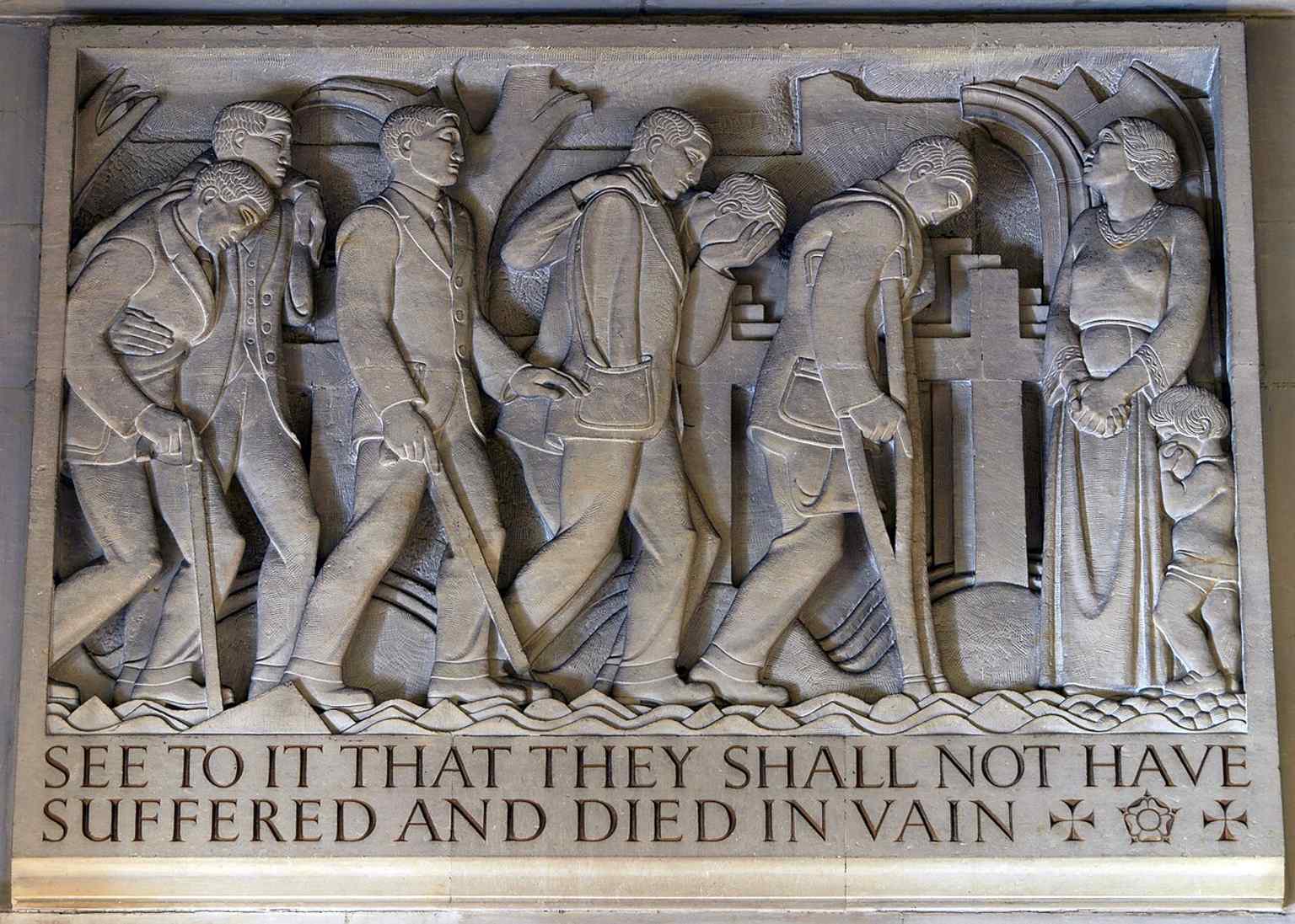 William Bloye’s bas-relief ‘Return’ shows the wounded coming home, part of the three-tableau interior sequence that also includes ‘Call’ and ‘Front Line’.