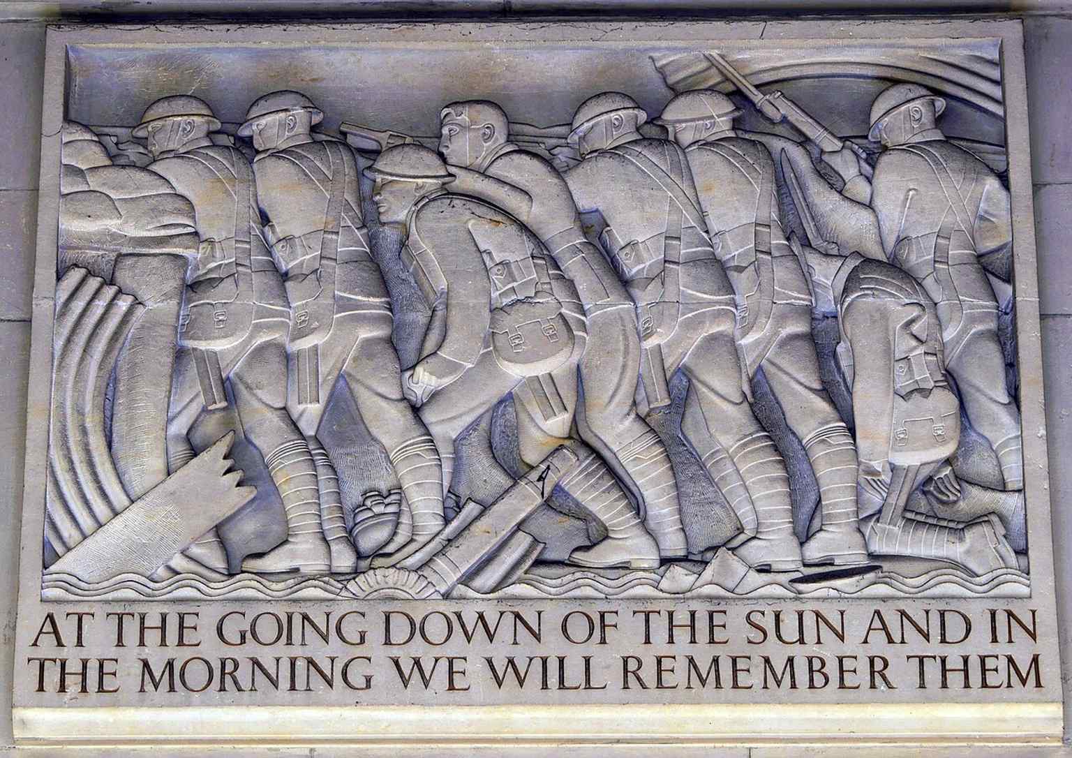 ‘Front Line’ is one of William Bloye’s three interior reliefs, marking the violence of battle in the Hall’s remembrance sequence.