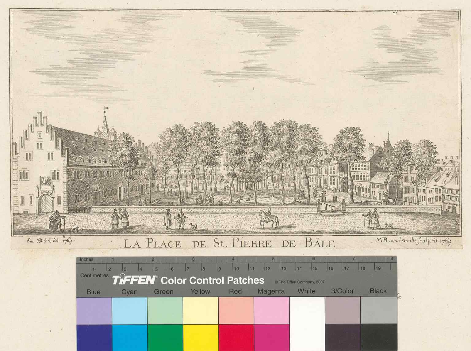 A historical depiction of the Cathedral Square, illustrating the bustling center of Basel and echoes of its medieval drama (1764).