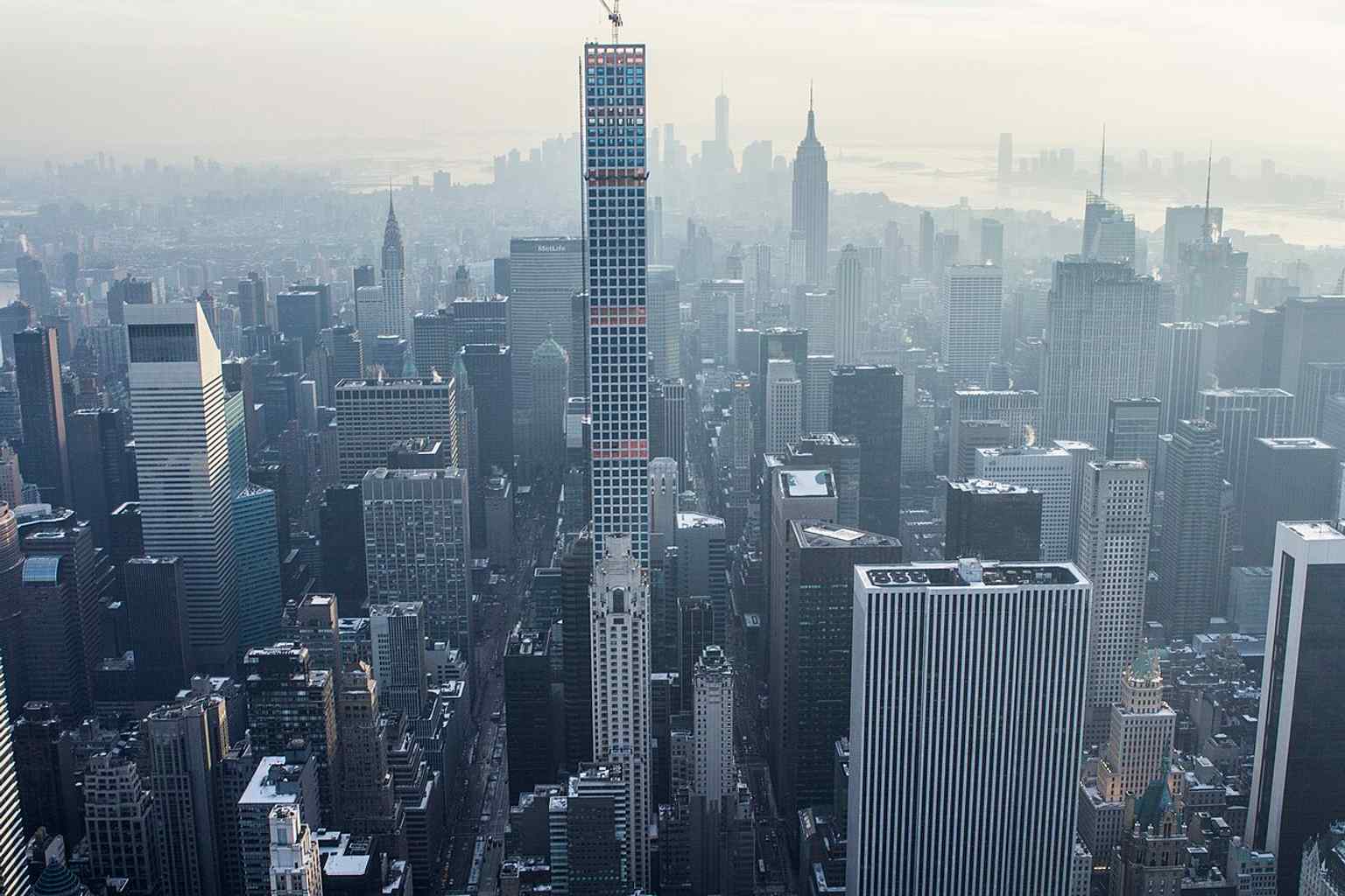 This panoramic view captures 432 Park Avenue towering among other "Billionaires' Row" skyscrapers, reflecting its status as one of the city's most expensive residences.