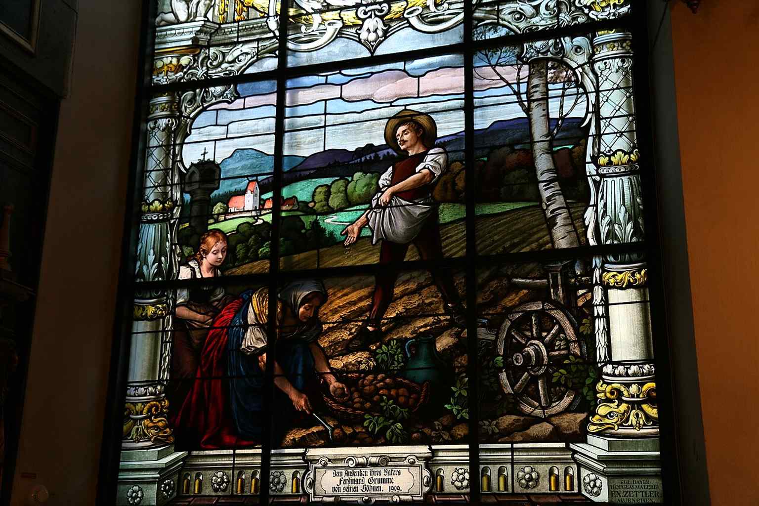 Stained glass from inside the church, a later addition that adds to the layered historic interior.