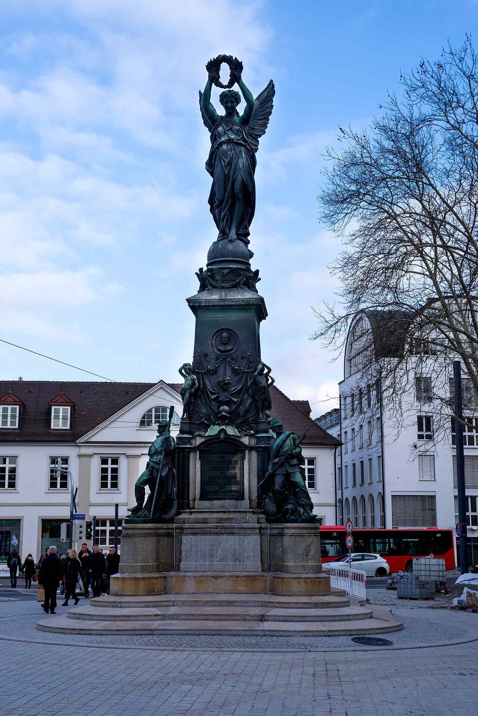 The restored Victory Monument at Europaplatz in Freiburg, shown after its 2017 return near the old Karlskaserne site.