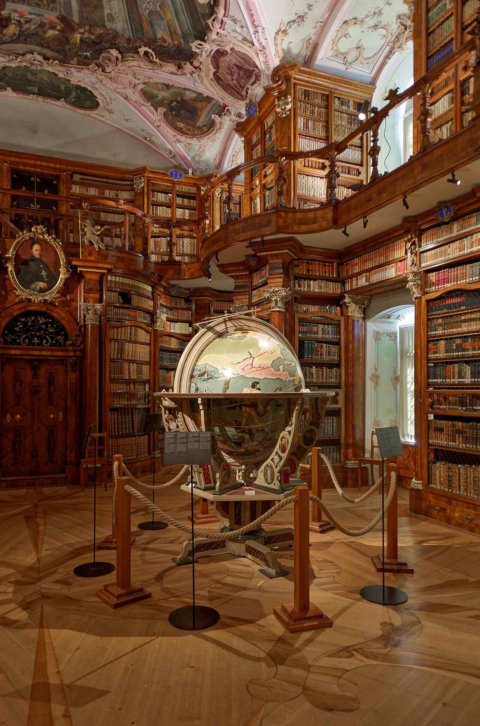 The hall with the replica St. Galler Globus, connecting the present museum display to the library’s long history.