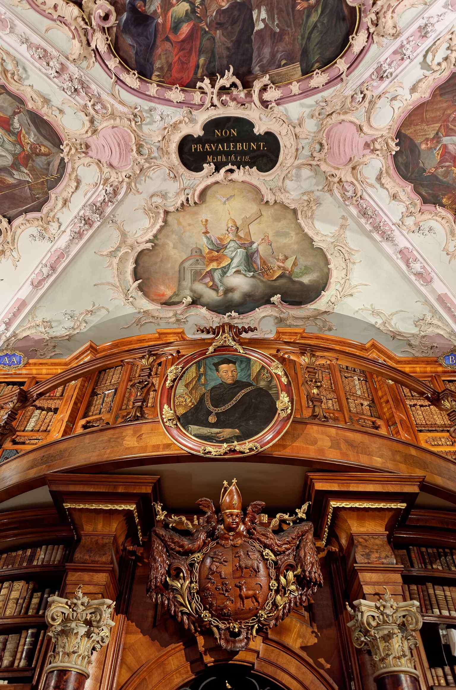 A contemporary view of the library hall, useful for showing how the baroque interior is preserved today.