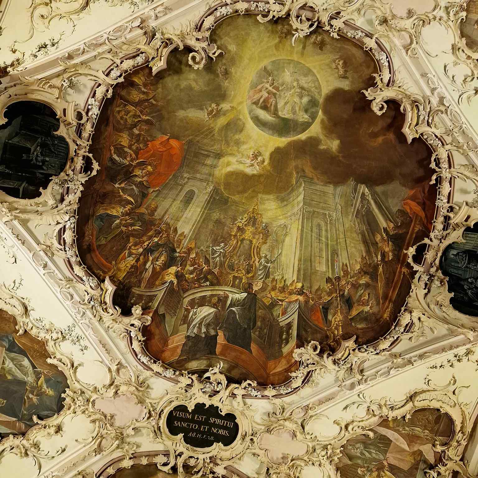 A ceiling scene of the Council of Constantinople, one of the four councils painted above the library hall.