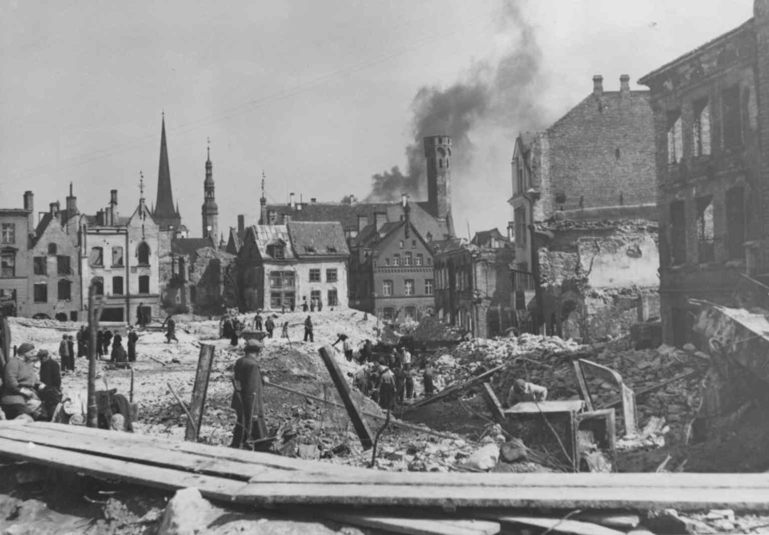 The Old Town after the 1944 Soviet bombing, showing the wartime damage that scarred the historic center.